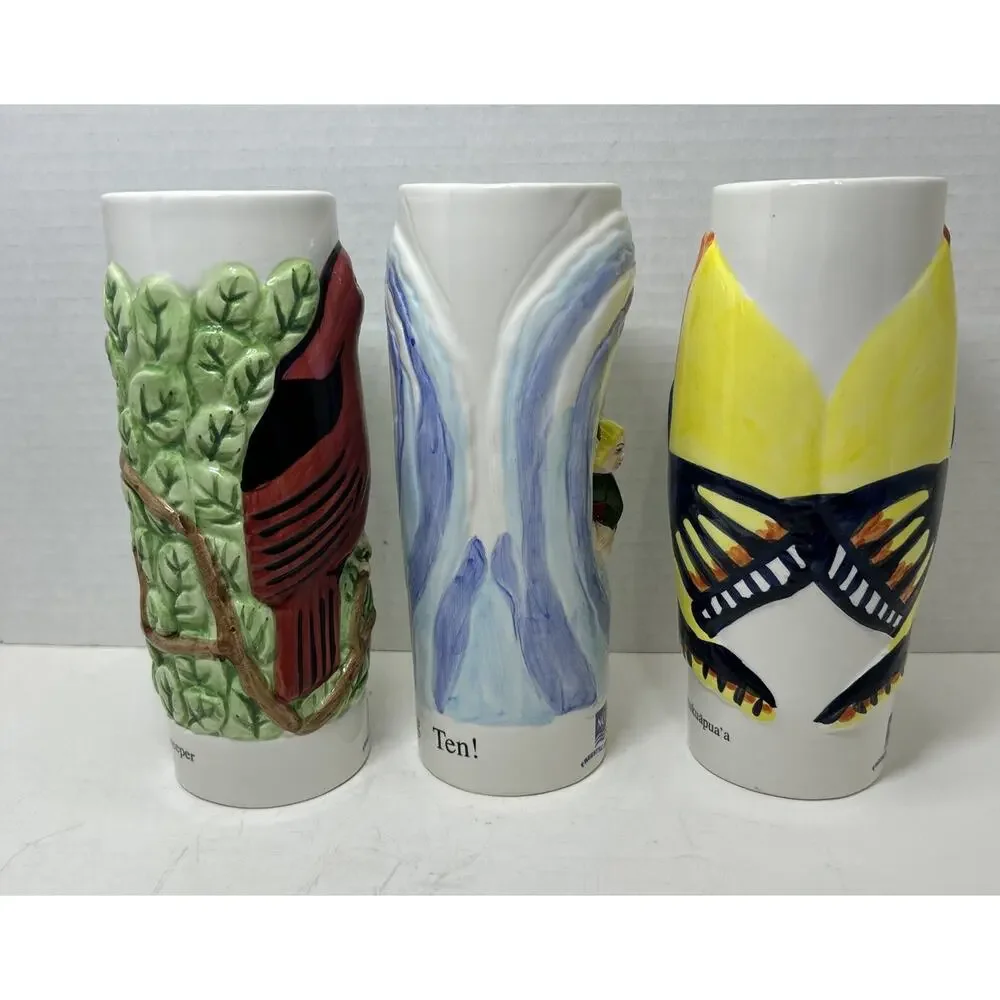 Vtg NCL Norwegian Cruise Line Tiki Mug 3pc Set-Surfer, Red Bird, Fish-Ceramic